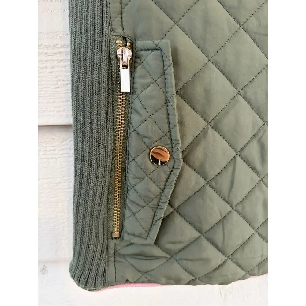 Miami Olive Green Quilted Puffer Vest Pink Trim Zip Front Women’s Medium - Picture 6 of 7